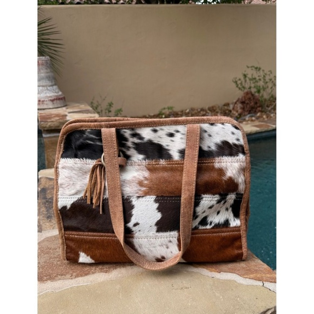 Myra Cowhide Hair On Hide Leather Patchwork Western Tote Shoulder Bag